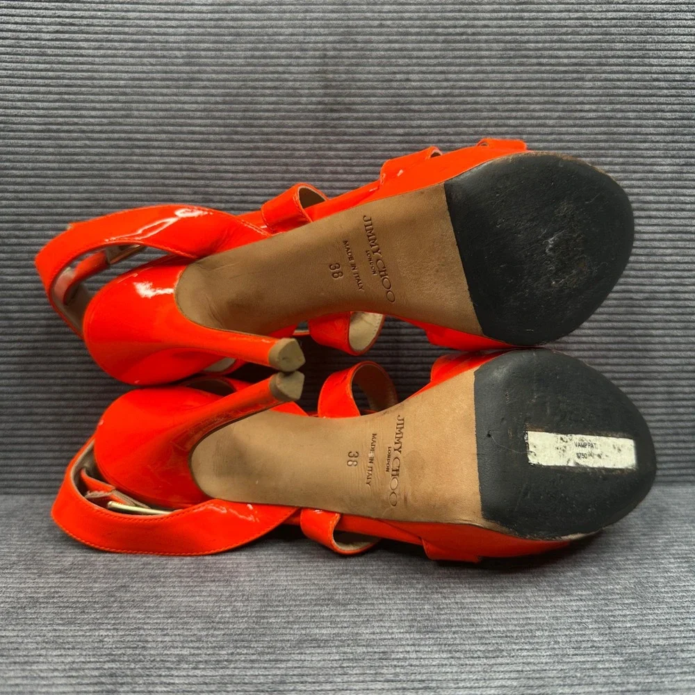 Jimmy Choo‎ Vamp Neon Orange Patent Leather Platform Sandals Stiletto Heels 38